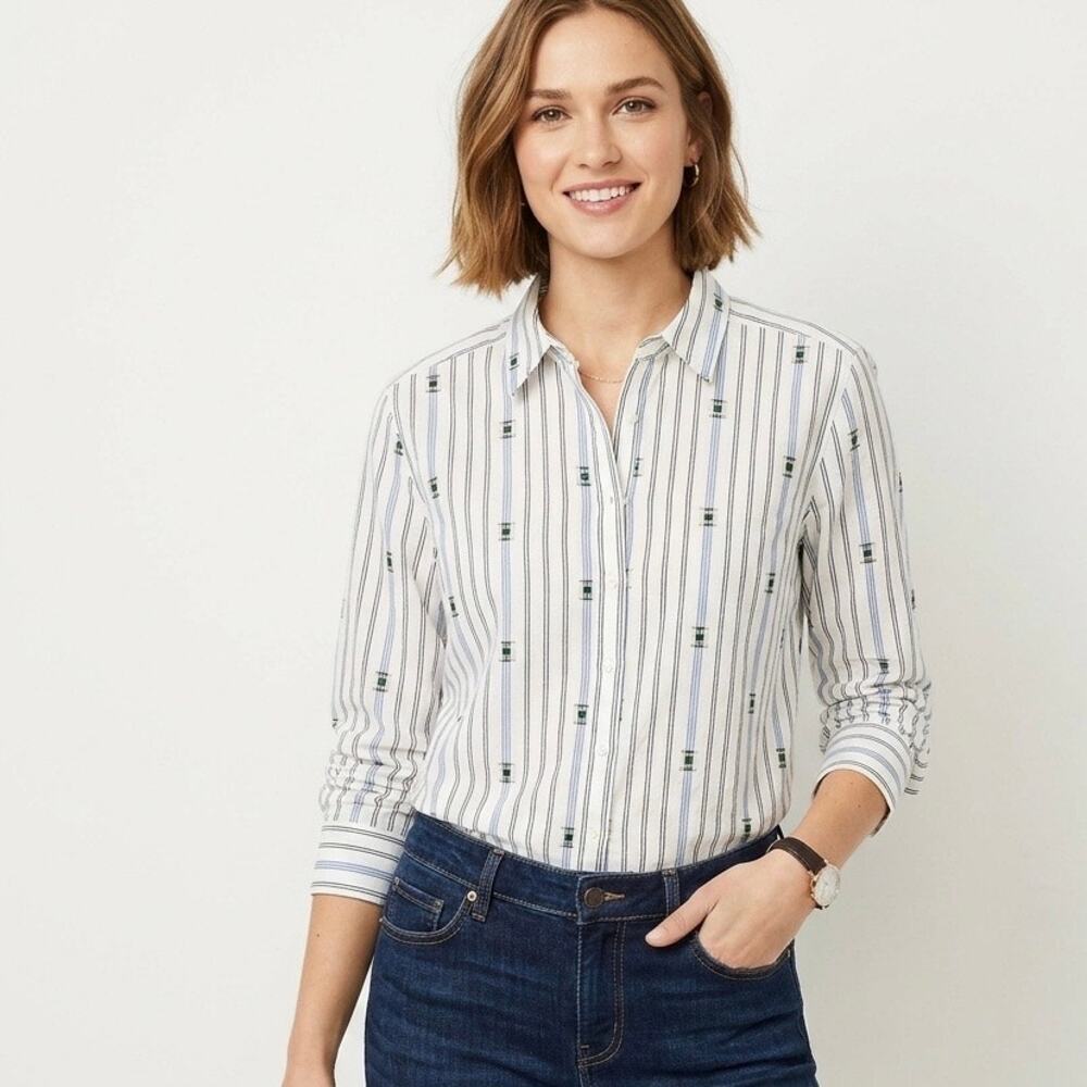 Loft Women's Button Up Shirt L White Striped Art Deco Embroidered 100% Cotton